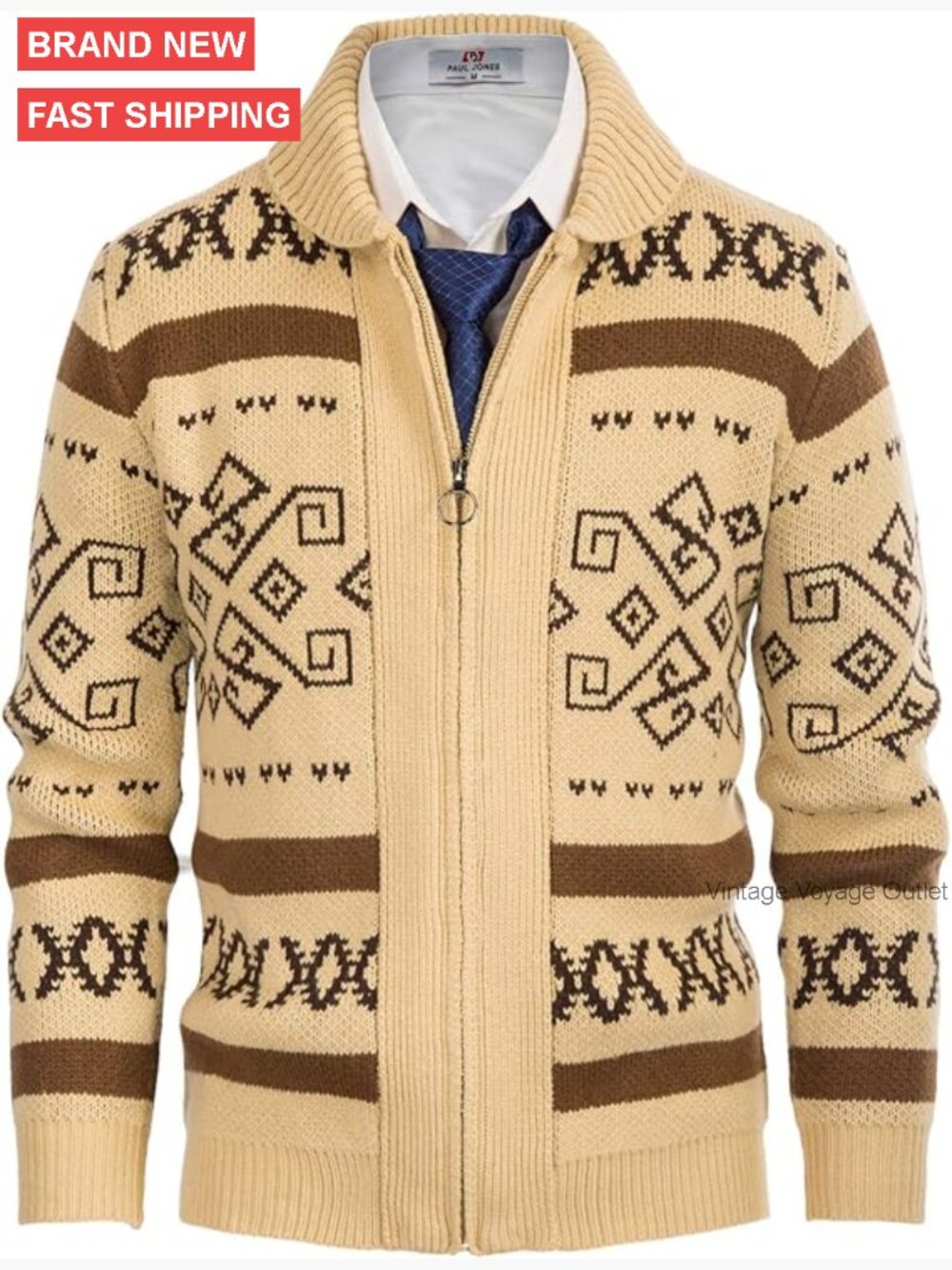 Men's Zip-Up Knitted Cardigan Sweater, Casual Curling Jacquard, Regular Fit